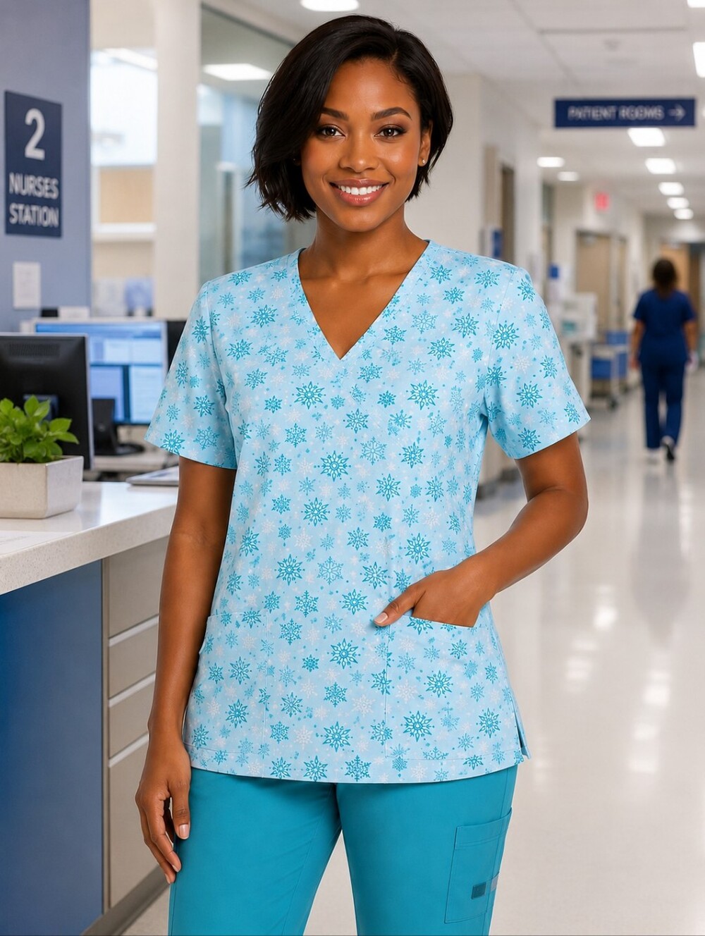 Light Blue Medical Scrub - Snowflake V-Neck Top - SIZE Large NWT - Picture 7 of 7
